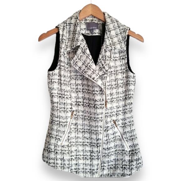 Tinley Road Retro Glam Business Professional Zip Black White Plaid Tweed Vest - Picture 1 of 5